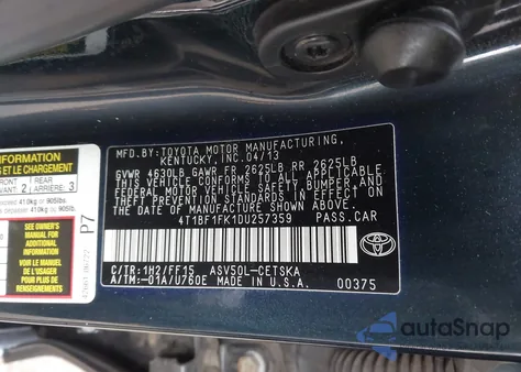 2013 Toyota Camry Se z USA, uszkodzony, nr VIN 4T1BF1FK1DU257359